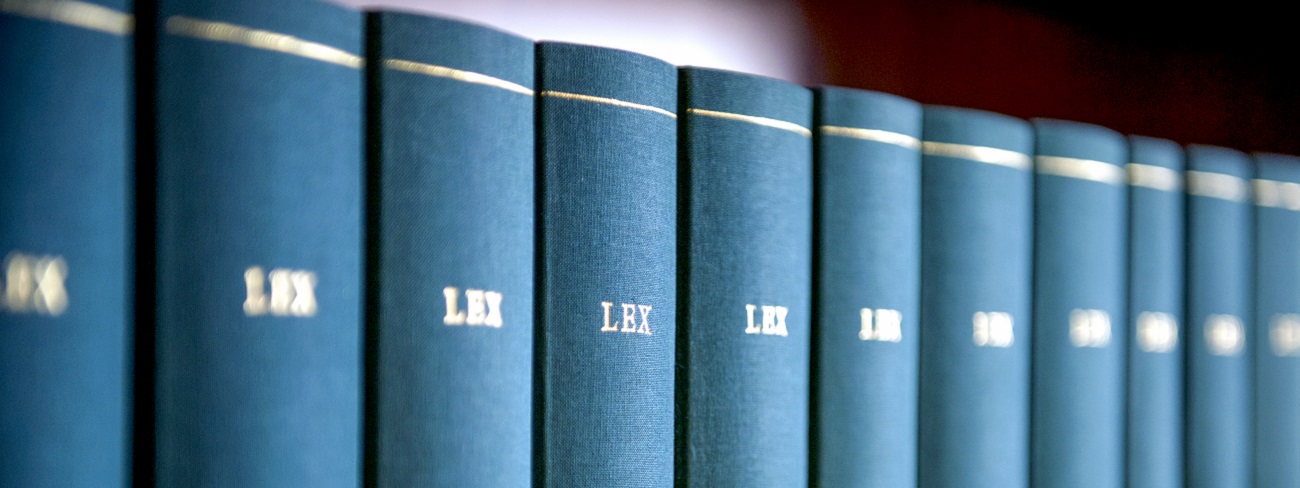 Das Bild zeigt in Großaufnahme eine Reihe von blauen Rechtsbüchern in einem Regal.
